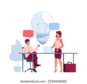 Young Man and Woman Characters Discussing Ideas in Office. Cheerful Employees Found the Best Solution for Startup Project, Creating Successful Business Plan. Cartoon People Vector Illustration