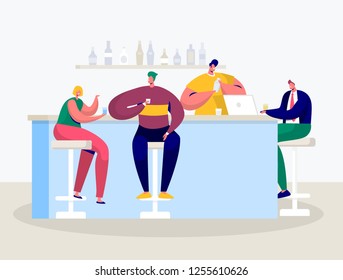 Young Man and Woman Characters Drinking in Bar. Businessman Work on Laptop in Pub. Friends Hanging in Cafe Drinking Alcohol Cocktail. Flat Cartoon Vector Illustration