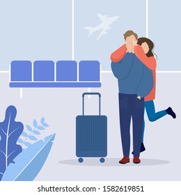 Young Man and Woman Characters Hugging. Meeting from Travel with Luggage Bags. Warm Meeting, Friendship, Loving couple in the airoport. Cute Flat Vector Illustration