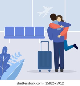 Young Man and Woman Characters Hugging. Meeting from Travel with Luggage Bags. Warm Meeting, Friendship, Loving couple in the airoport. Cute Flat Vector Illustration