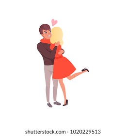 Young man and woman characters in love hugging, happy romantic loving couple on date cartoon vector Illustration