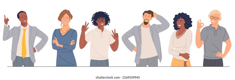 Young man and woman characters and poses, emotions and gesture set. Happiness, fear, surprise, consent and refusal. Positive and negative feelings.