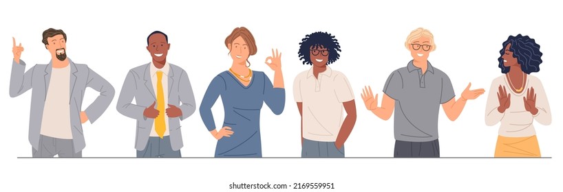 Young man and woman characters and poses, emotions and gesture set. Happiness, fear, surprise, consent and refusal. Positive and negative feelings.