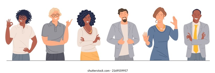 Young man and woman characters and poses, emotions and gesture set. Happiness, fear, surprise, consent and refusal. Positive and negative feelings.