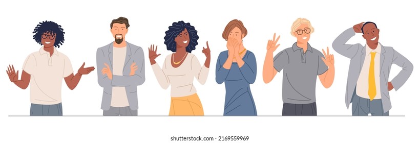 Young man and woman characters and poses, emotions and gesture set. Happiness, fear, surprise, consent and refusal. Positive and negative feelings.