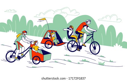 Young Man and Woman Characters Riding Bicycles with Children Sitting in Front and Back Bike Trailers for Kids. Happy Family Riding in Park. People in Helmets Walking Track. Linear Vector Illustration