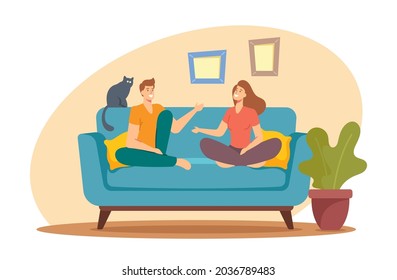 Young Man and Woman Characters Sitting on Sofa at Home Having Active Conversation. People Chatting, Discussing, Family Spare Time, Wife and Husband Discuss Problems. Cartoon Vector Illustration