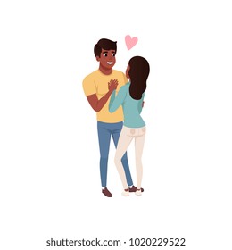 Young man and woman characters standing looking at each other and embracing, happy romantic couple in love cartoon vector Illustration