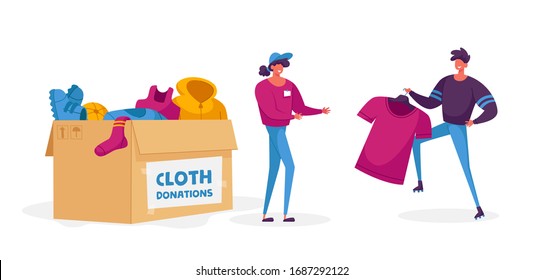 Young Man and Woman Characters Teamwork. Caring Altruistic Volunteers Collecting Clothes to Carton Box for Donation to Poor Homeless People in Complicated Life Situation. Cartoon Vector Illustration
