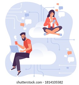 Young man and woman characters working with cloud interfaces. Flat design vector concept for cloud service, storage and computing for web design infographic presentation or landing page.