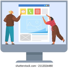 Young Man And Woman Characters Working With Webpage And Interfaces. Vector Concept For Storage And Computing For Web Design Infographic Presentation. People Work And Intercating Bussiness Technology