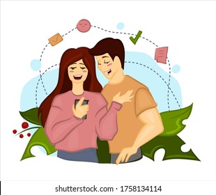 Young man and woman chat on phone with friends. Online chatting. Group conversation. Online conference.Chat messages notification on smartphone vector illustration, flat cartoon sms bubbles on mobile 