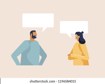 Young man and woman chatting with speech bubbles. The dialogue between people, business conversation. Design template for your banner or poster. Place for your text. Vector illustration in flat design