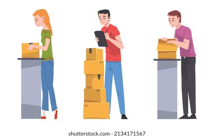 Young Man and Woman Checking Cardboard Box Working with Parcels in Warehouse Vector Set