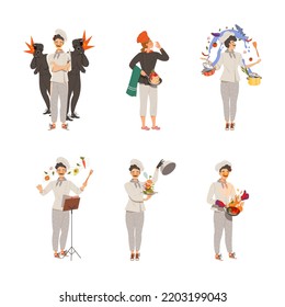 Young Man and Woman Chef Master in Toque Preparing and Cooking Food Vector Set