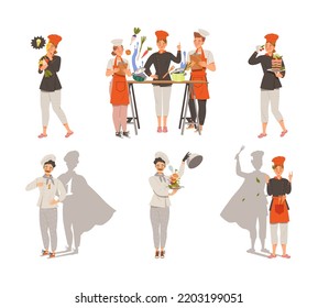 Young Man and Woman Chef Master in Toque Preparing and Cooking Food Vector Set