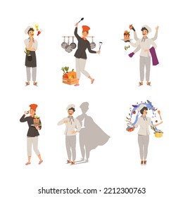 Young Man and Woman Chef Master Cooking Food and Preparing Dishes of Haute Cuisine Vector Illustration Set