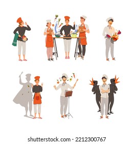 Young Man and Woman Chef Master Cooking Food and Preparing Dishes of Haute Cuisine Vector Illustration Set