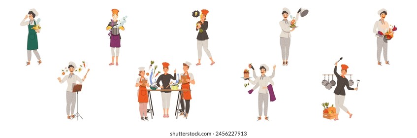 Young Man and Woman Chef Master in Toque Preparing and Cooking Food Vector Set