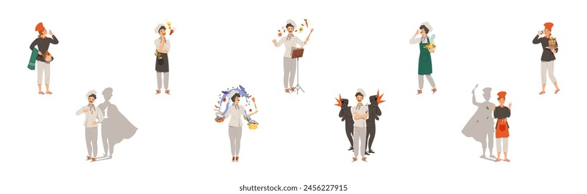 Young Man and Woman Chef Master in Toque Preparing and Cooking Food Vector Set