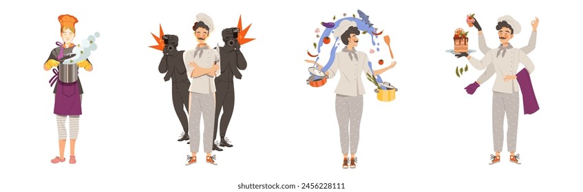 Young Man and Woman Chef Master in Toque Preparing and Cooking Food Vector Set