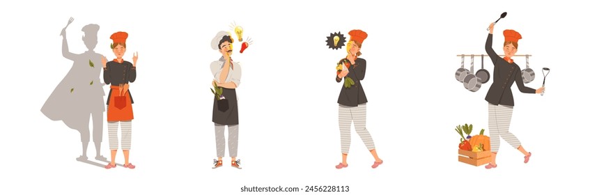 Young Man and Woman Chef Master in Toque Preparing and Cooking Food Vector Set