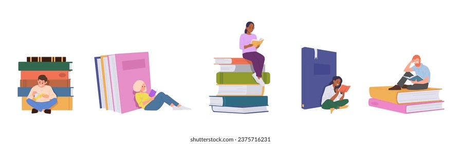 Young man and woman, children literature lovers reading nearby big books stack isolated set