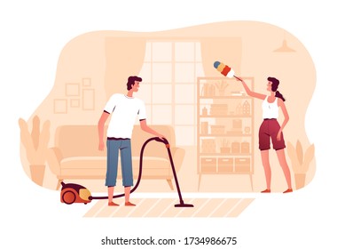 Young man and woman cleaned together in the living room in the apartment. People vacuum and wipe the dust. Spring cleaning concept