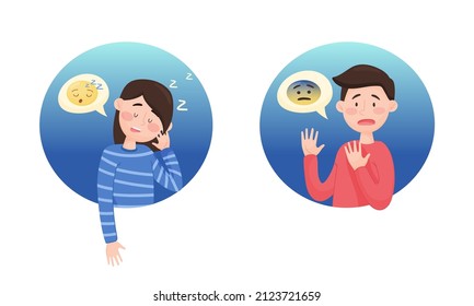Young Man and Woman Cold Sweating and Sleeping Depicting Emoticon in Blue Circle Vector Set
