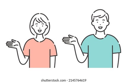 Young man and woman in color T-shirts. A pose to guide you.