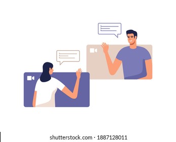 Young man and woman communicate online using a mobile devices. Concept of video call conference, remote working from home or online meeting. Vector illustration.