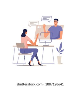 Young Man And Woman Communicate Online Using A Mobile Devices. Concept Of Video Call Conference, Remote Working From Home Or Online Meeting. Vector Illustration.