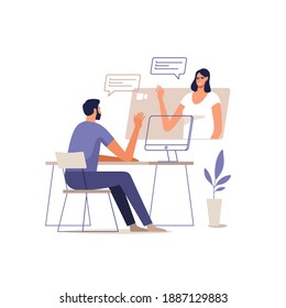 Young man and woman communicate online using a mobile devices. Concept of video call conference, remote working from home or online meeting. Vector illustration.