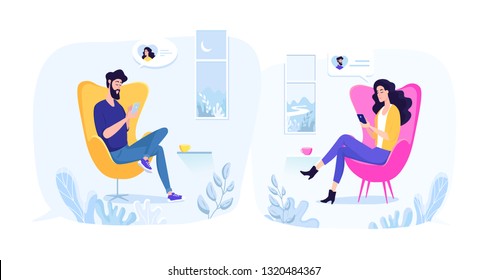 Young man and woman 
communicate using mobile internet social media 