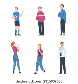 Young Man and Woman with Contempt Look on Face Showing Rejection and Refusal Gesture with Hands Vector Set