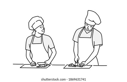 Young man and woman cook in the kitchen. Hand drawn vector illustration.
