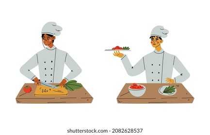 Young Man and Woman Cooking in the Kitchen Chopping Vegetable and Serving Salad on Plate Vector Set