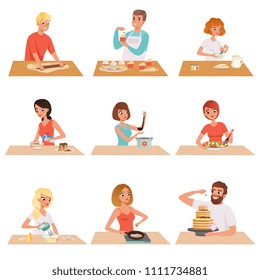 Young man and woman cooking set, people in casual clothing preparing healthy meal in kitchen vector Illustrations on a white background