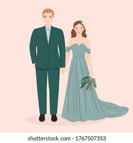 young man and woman, couple bride and groom in wedding, formal dress. trendy vector illustration