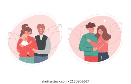 Young Man and Woman Couple Embracing Holding Newborn Baby Vector Set