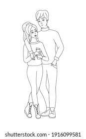 Young man and woman couple holding hands with coffee. Hand-drawning vector illustration 