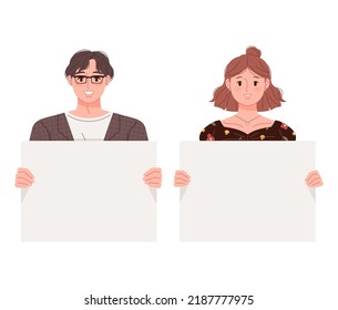 Young man and woman couple holding blank placard paper. Background concept vector illustration for your text.