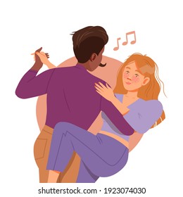 Young Man and Woman Couple Listening to Music and Waltzing or Moving with Dancing Motion Vector Illustration