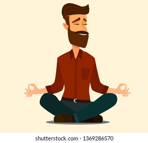 Young man and woman couple meditating in lotus pose. Cute yoga and meditation illustration in flat style.