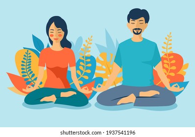 
Young man and woman couple meditating in lotus pose. Man and woman on white background meditating peacefully. Mental health concept. Stay at home. Yoga and meditation illustration in flat style. 