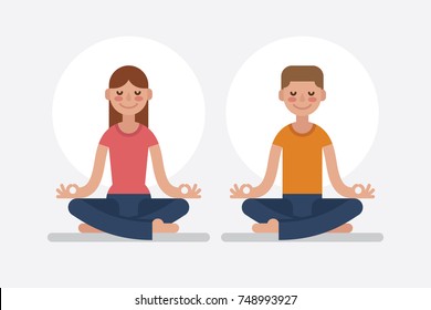 Young man and woman couple meditating in lotus pose. Cute yoga and meditation illustration in flat style.