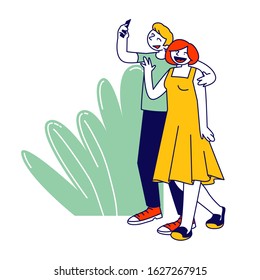 Young Man and Woman Couple with Mobile Phone Make Photo Picture. Friend or Lover Characters with Cellphone Making Selfie Enjoy Relationship at Trip, Journey. Cartoon Flat Vector Illustration, Line Art