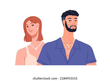 Joven pareja y mujer. Retrato de un chico y una chica moderna y feliz. Novio y novia personajes juntos. Gente con accesorios de joyería. Ilustración vectorial plana aislada en fondo blanco