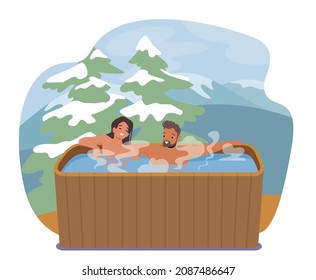 Young Man and Woman Couple Sitting in Wooden Bath with Water Taking Sauna and Spa Water Procedures at Mountain Resort. Relaxation, Body Care, Wellness, Honeymoon. Cartoon People Vector Illustration
