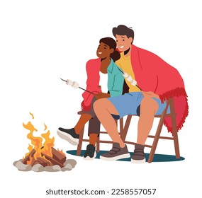 Young Man and Woman Couple Sitting at Campfire at Nighttime and Frying Marshmallow. Tourists in Summer Camp. Traveling Characters Leisure, Romantic Camping at Night Time. Cartoon Vector Illustration